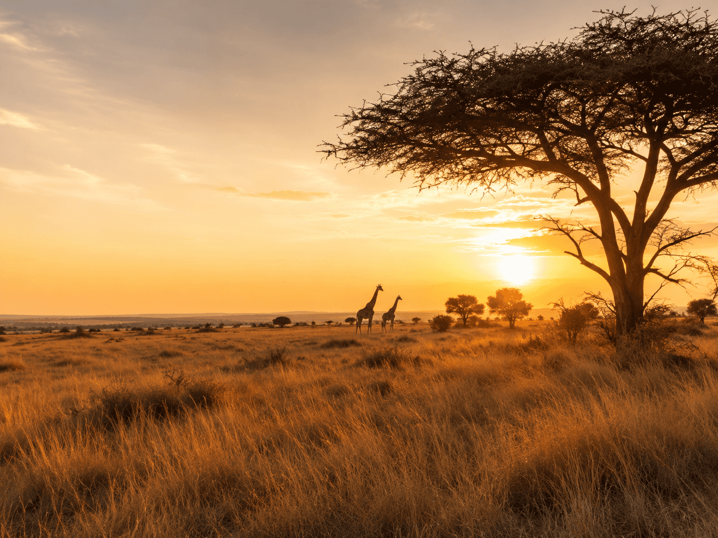 Two giraffes on the savanna beneath an acacia tree at golden-hour sunset in East Africa