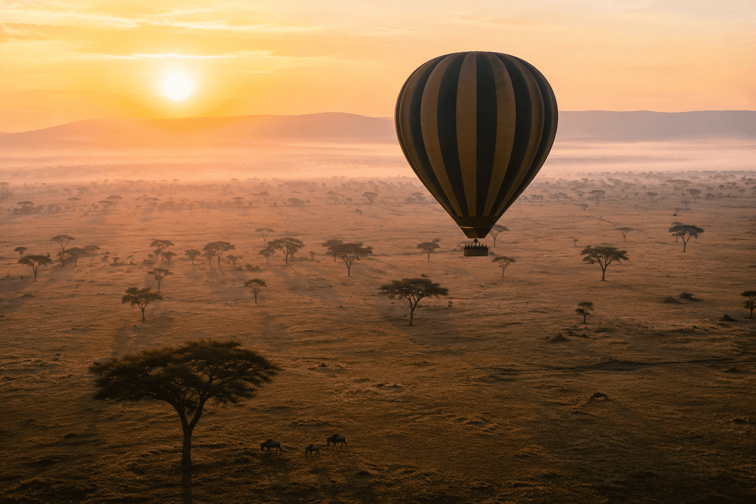 Hot-air balloon safari over the savanna at sunrise