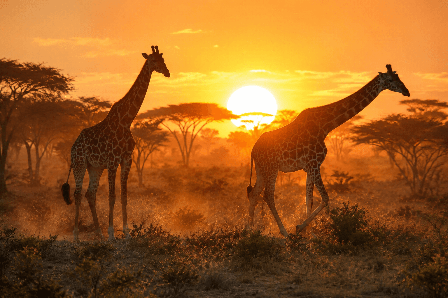 Two giraffes among acacia trees at golden-hour sunset in East Africa