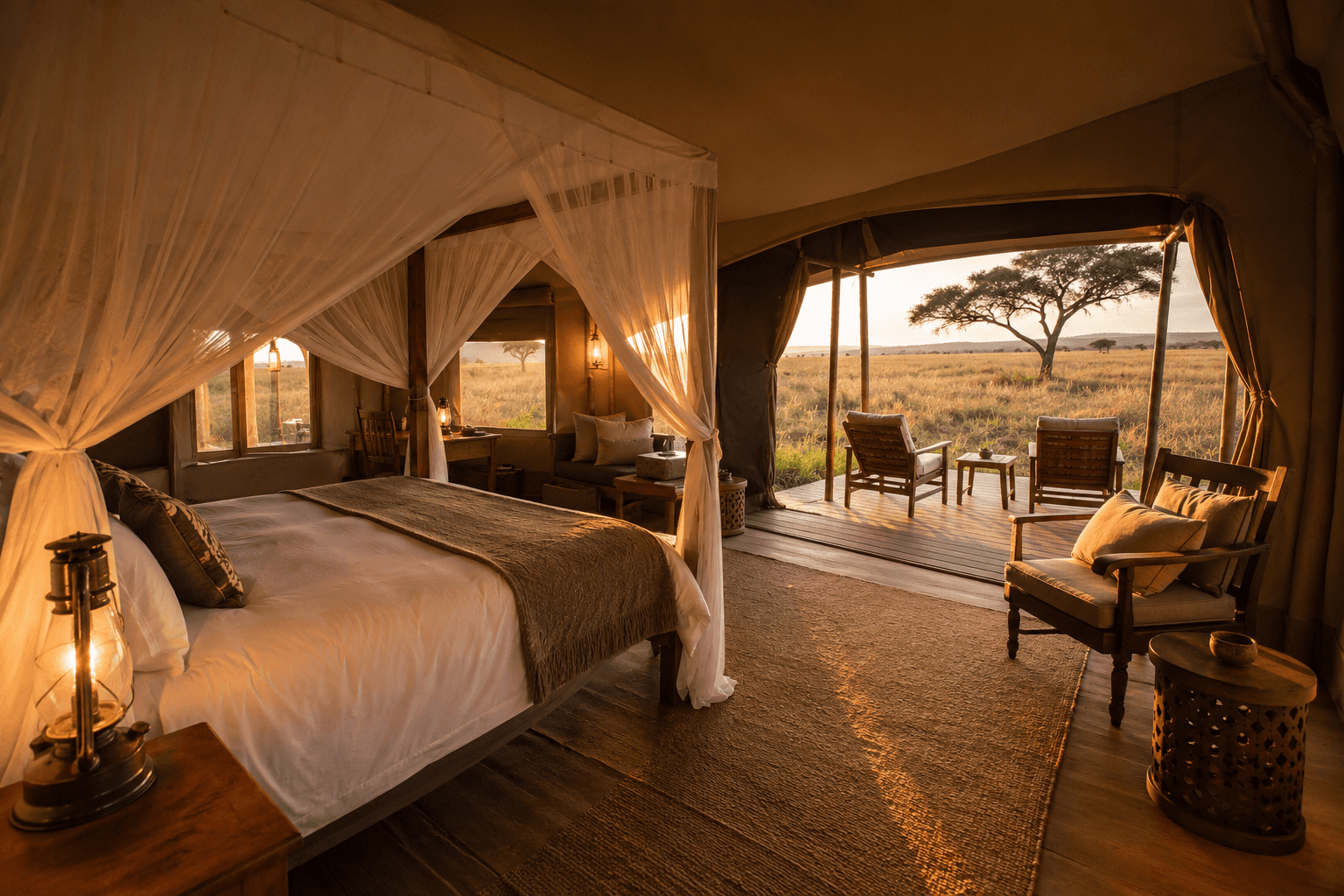 Luxury safari tented suite overlooking the savanna
